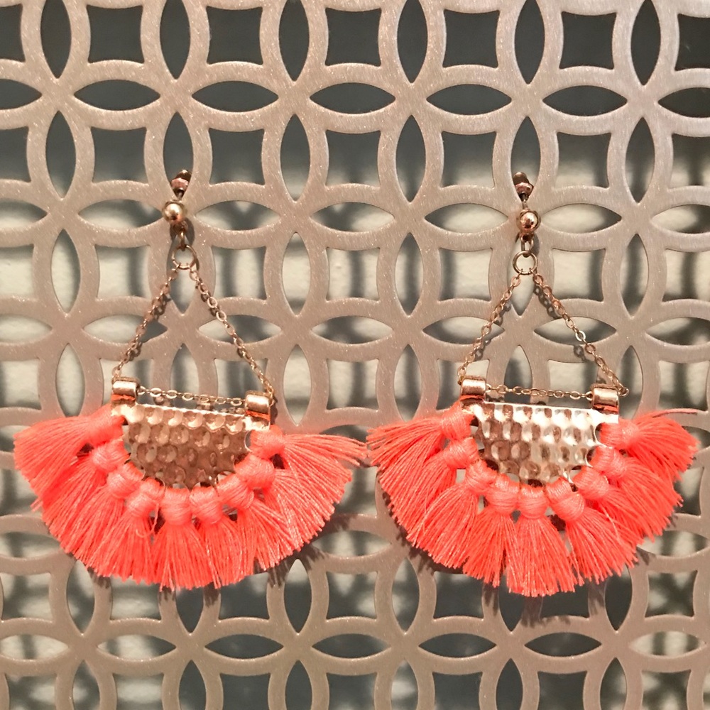 Neon coral tassel earrings